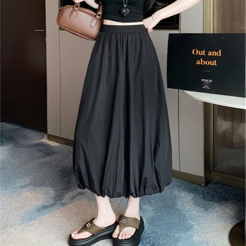 Skirt Plain A-Line High Waist Bubble Midi Hem