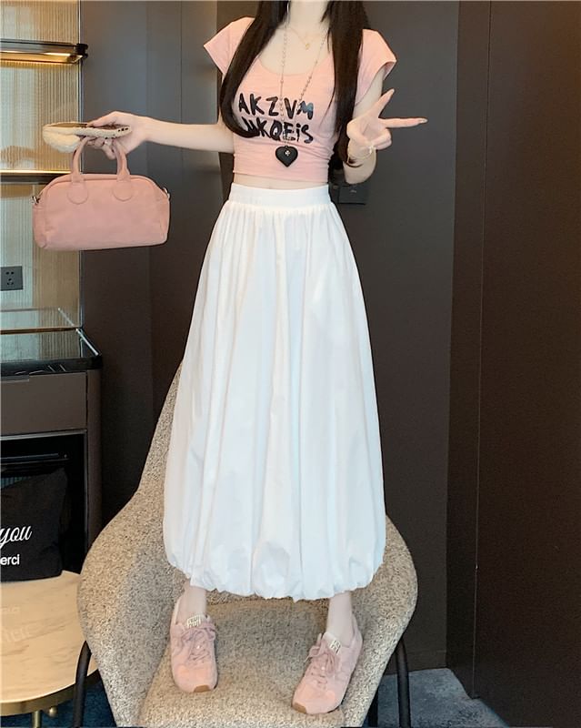 Skirt Plain A-Line High Waist Bubble Midi Hem