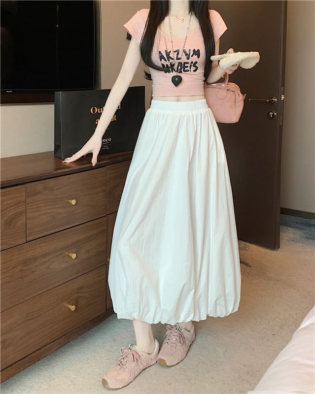 Skirt Plain A-Line High Waist Bubble Midi Hem