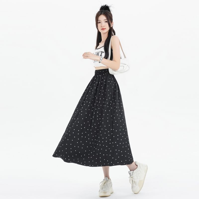 Skirt Waist A-Line Midi Dotted Elastic