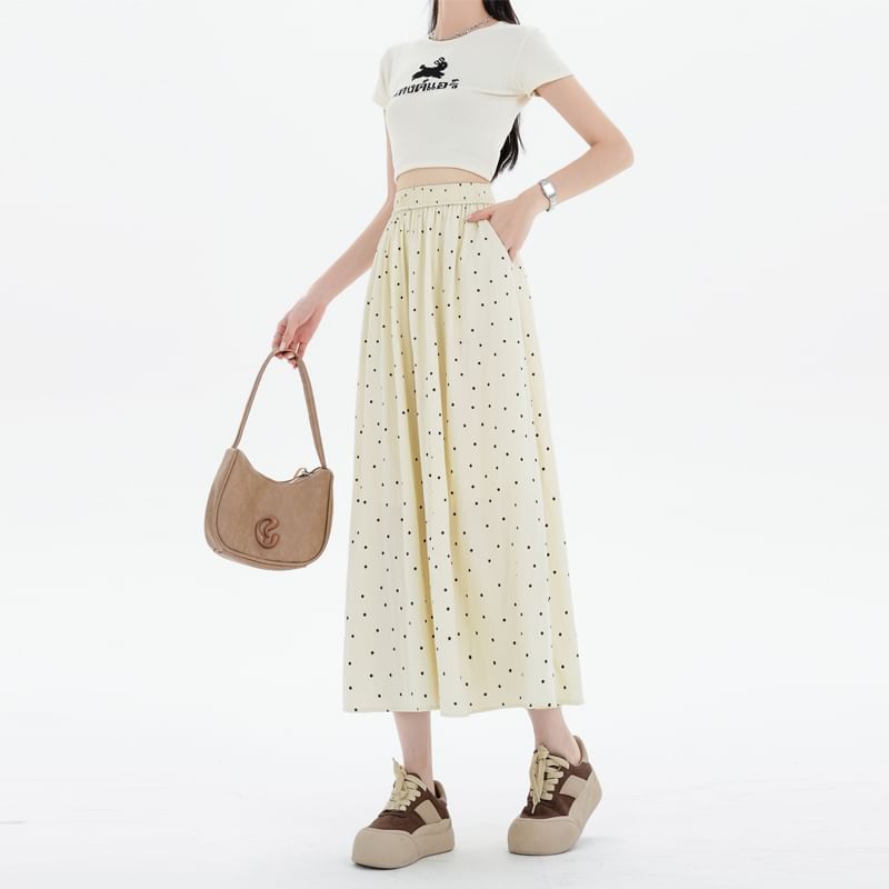 Skirt Waist A-Line Midi Dotted Elastic