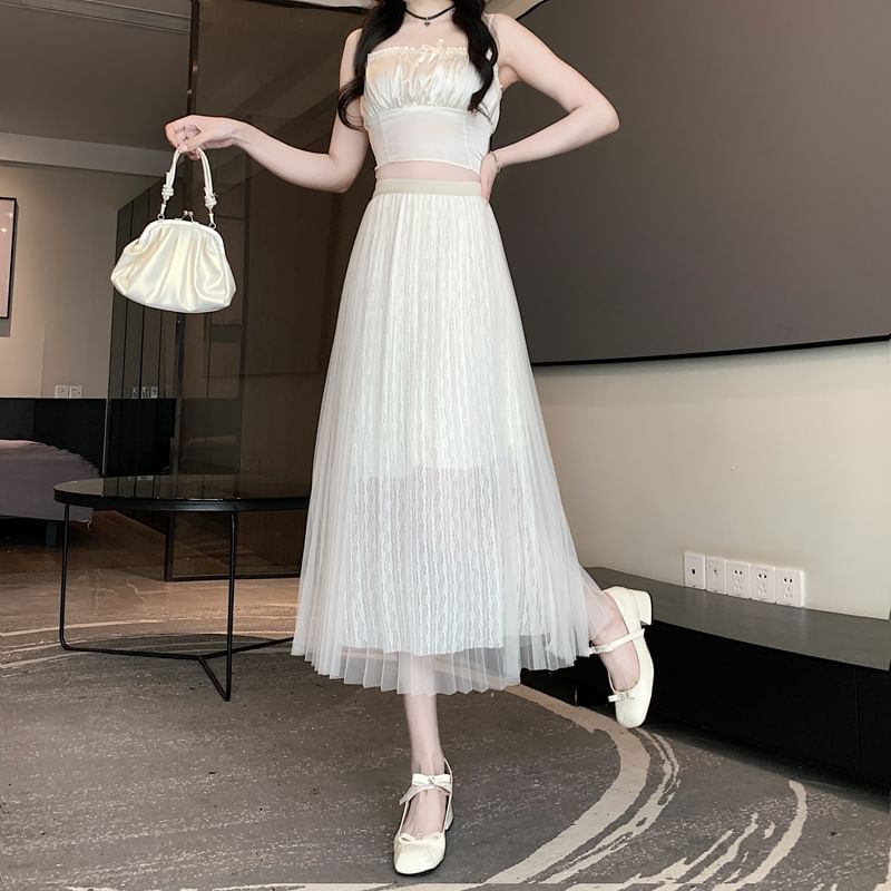 Plain Accordion Skirt Mesh Pleated A-Line Midi High Waist