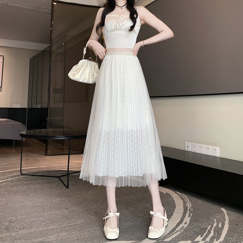 Plain Accordion Skirt Mesh Pleated A-Line Midi High Waist