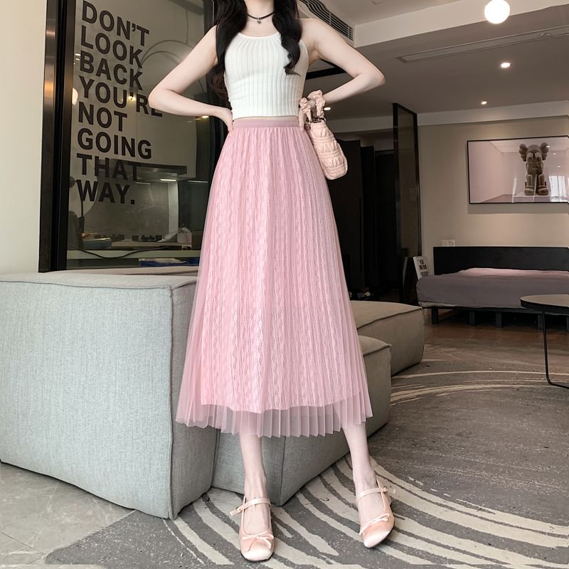 Plain Accordion Skirt Mesh Pleated A-Line Midi High Waist