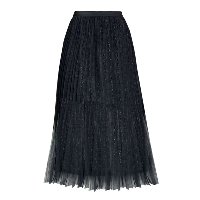 Plain Accordion Skirt Mesh Pleated A-Line Midi High Waist