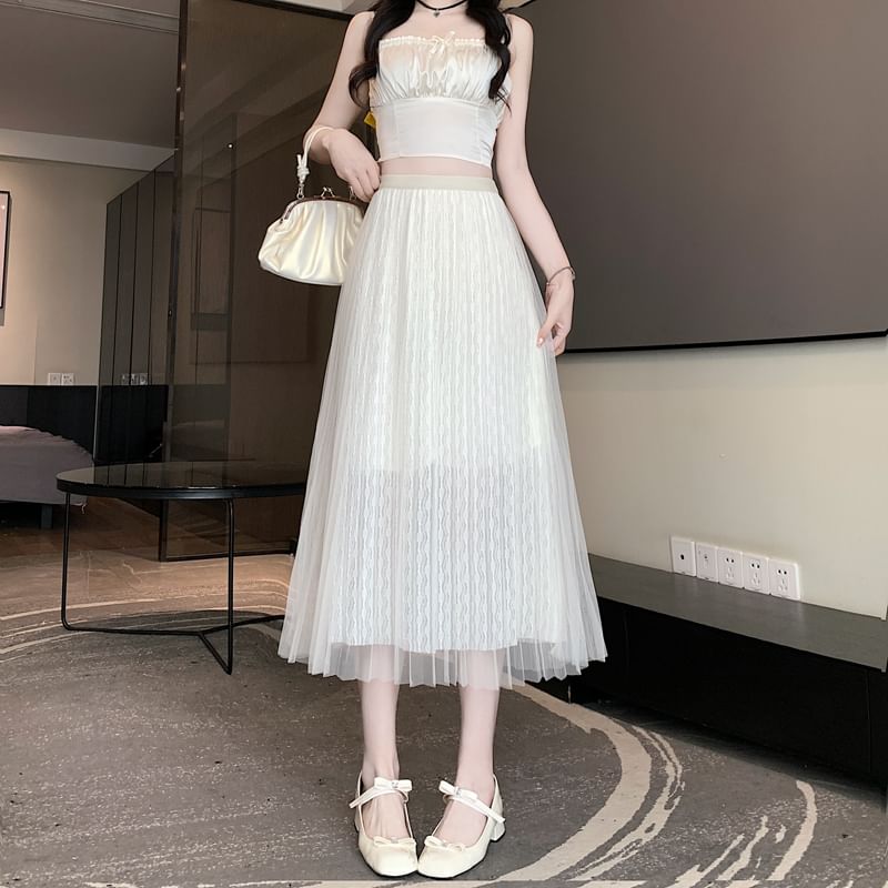 Plain Accordion Skirt Mesh Pleated A-Line Midi High Waist