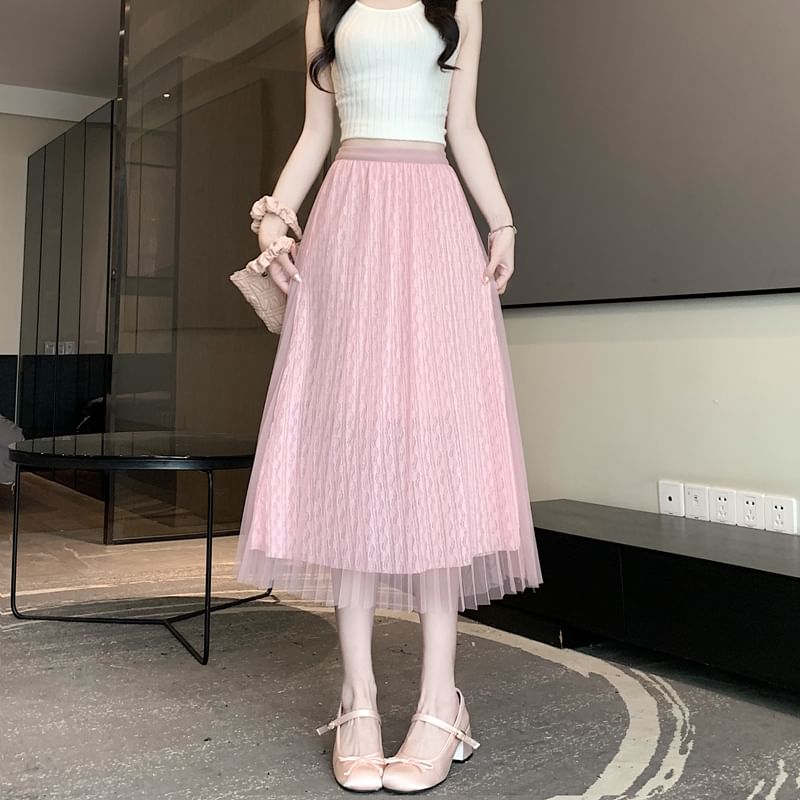 Plain Accordion Skirt Mesh Pleated A-Line Midi High Waist
