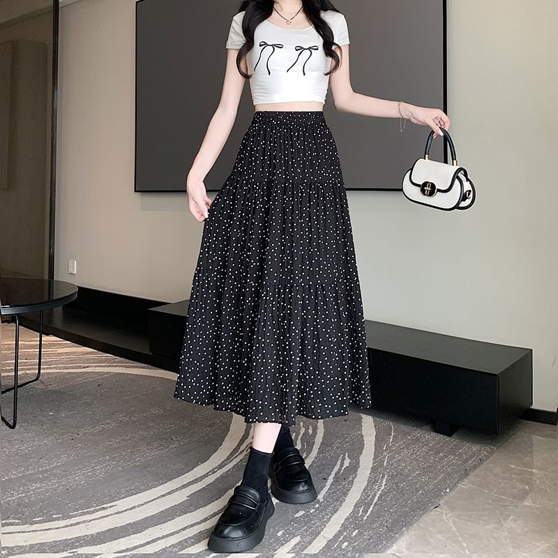 Waist Skirt Elastic Tiered Midi A-Line Dotted