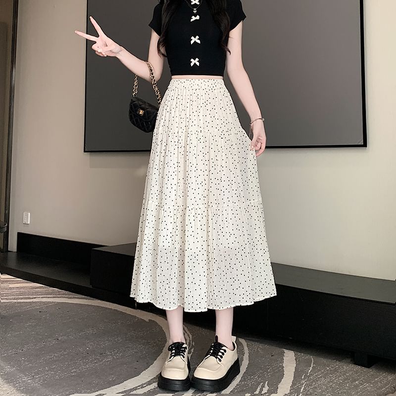 Waist Skirt Elastic Tiered Midi A-Line Dotted