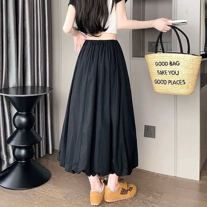 Waist A-Line Plain Skirt Elastic Hem Bubble Midi