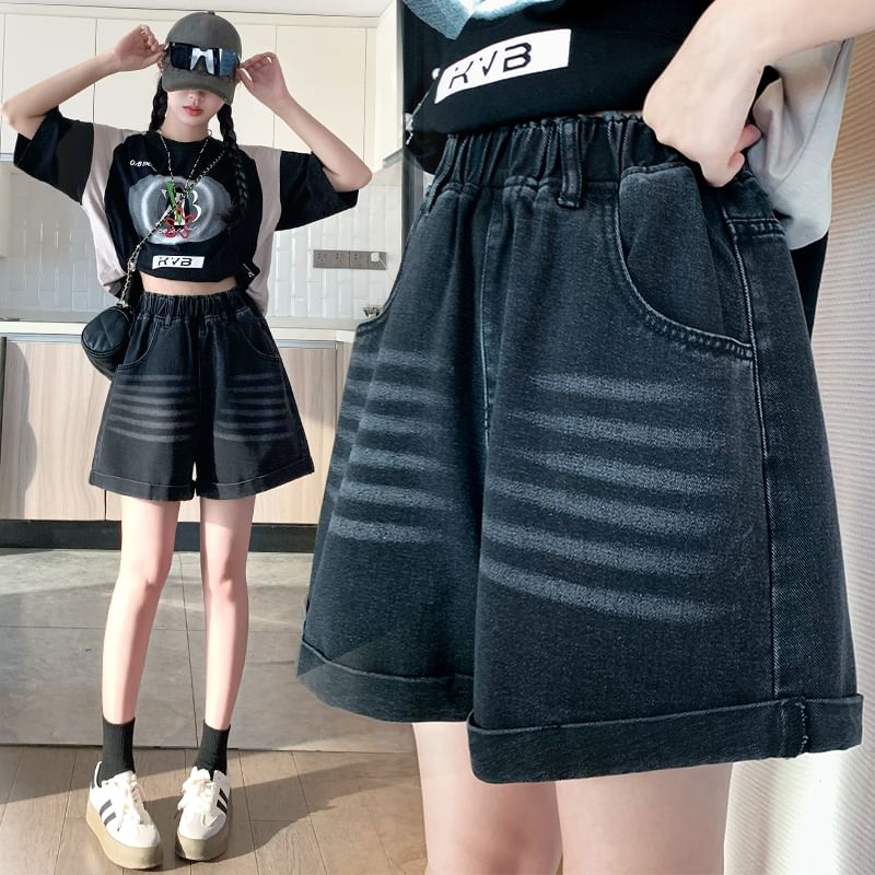 Washed Denim Elastic Waist Shorts