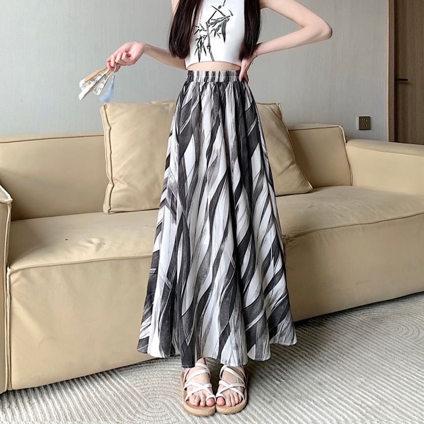 Waist A-Line Skirt Elastic Print Midi