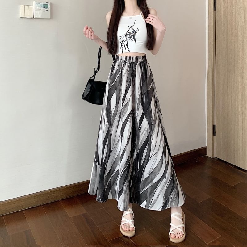 Waist A-Line Skirt Elastic Print Midi