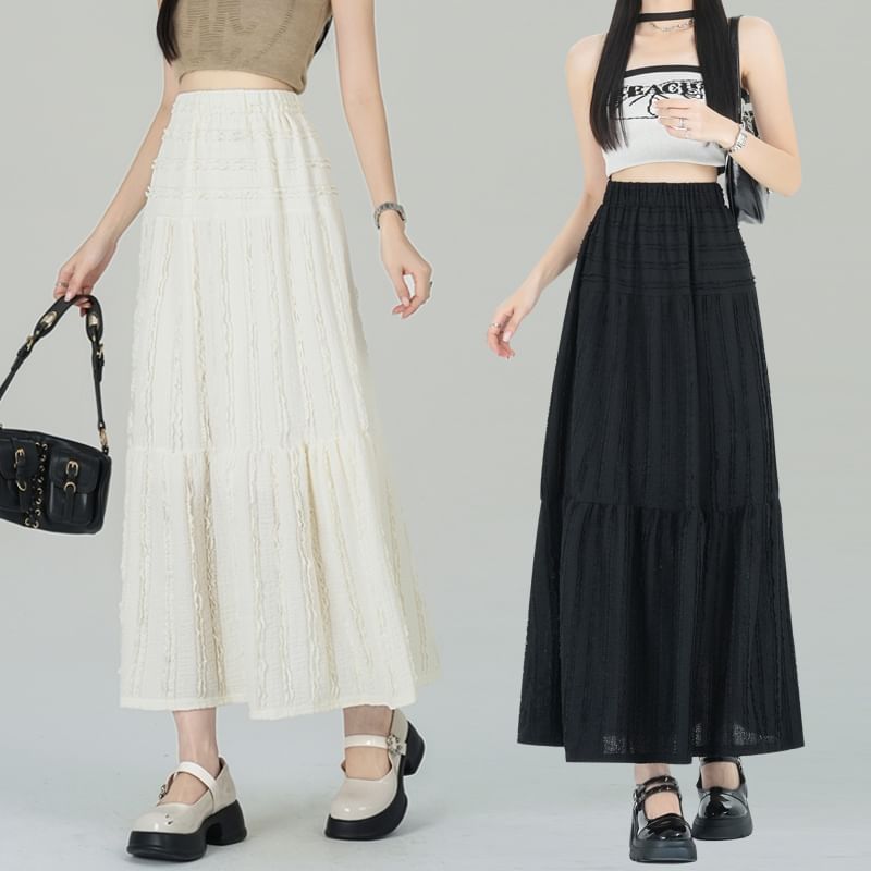 Elastic A-Line Tiered Waist Plain Midi Skirt