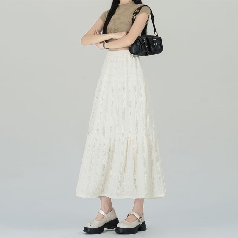 Elastic A-Line Tiered Waist Plain Midi Skirt