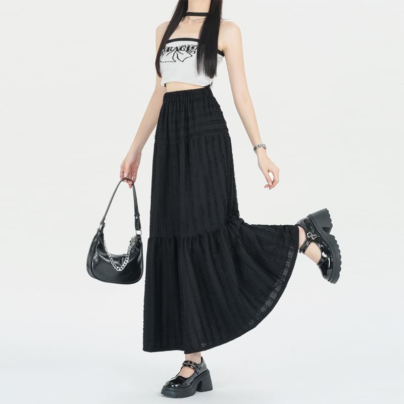 Elastic A-Line Tiered Waist Plain Midi Skirt