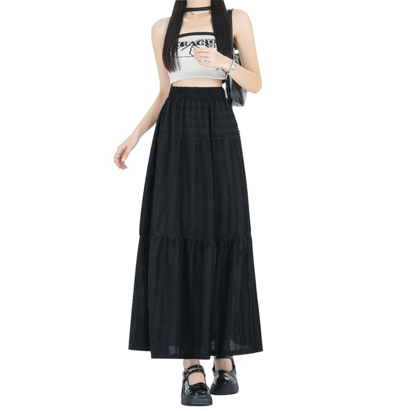 Elastic A-Line Tiered Waist Plain Midi Skirt
