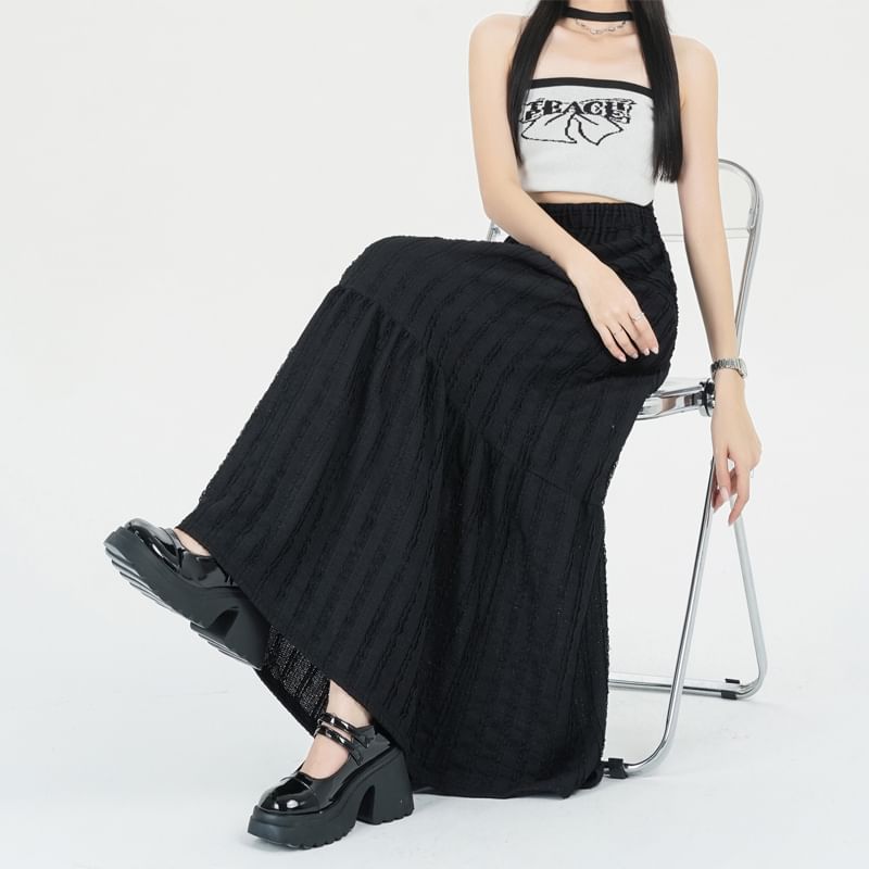Elastic A-Line Tiered Waist Plain Midi Skirt