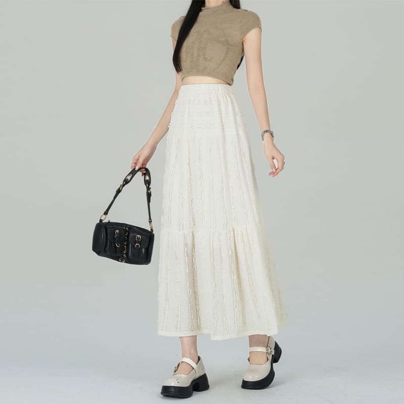 Elastic A-Line Tiered Waist Plain Midi Skirt