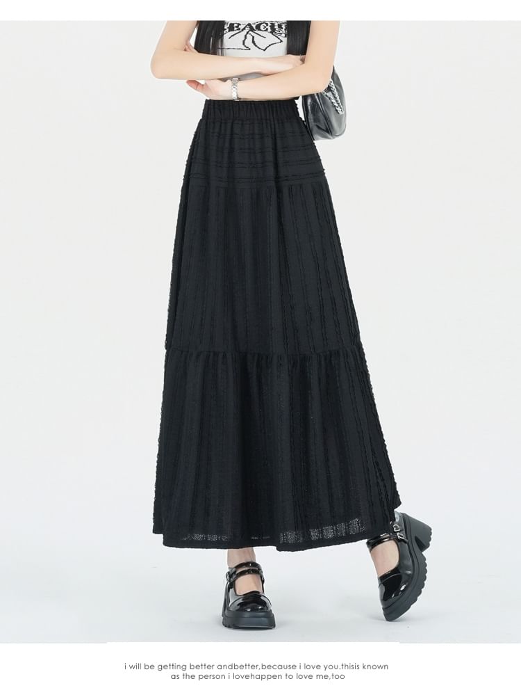 Elastic A-Line Tiered Waist Plain Midi Skirt