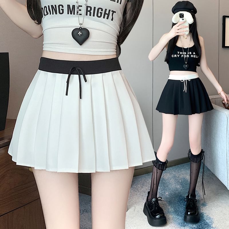 Trim Pleated A-Line Mini Waist Contrast Skirt Drawstring