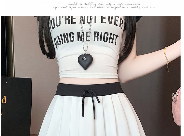 Trim Pleated A-Line Mini Waist Contrast Skirt Drawstring