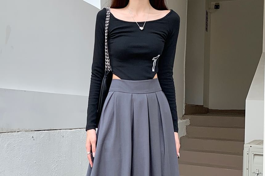 Pleated High Maxi Plain A-Line Skirt Inverted Rise