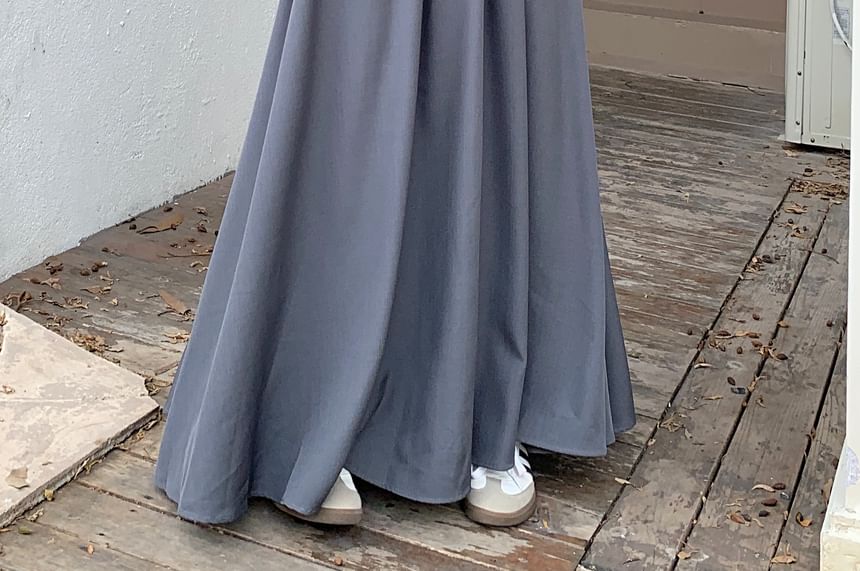 Pleated High Maxi Plain A-Line Skirt Inverted Rise