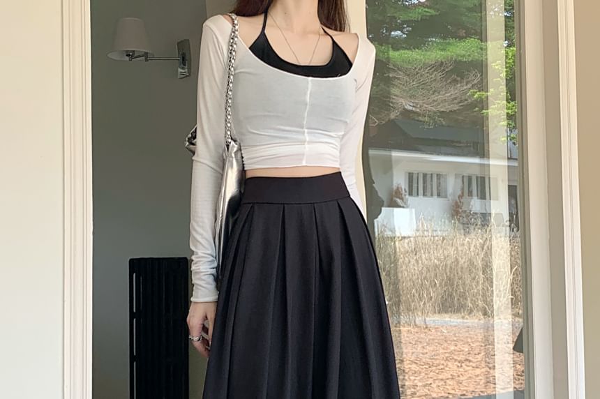 Pleated High Maxi Plain A-Line Skirt Inverted Rise