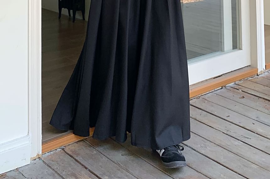 Pleated High Maxi Plain A-Line Skirt Inverted Rise