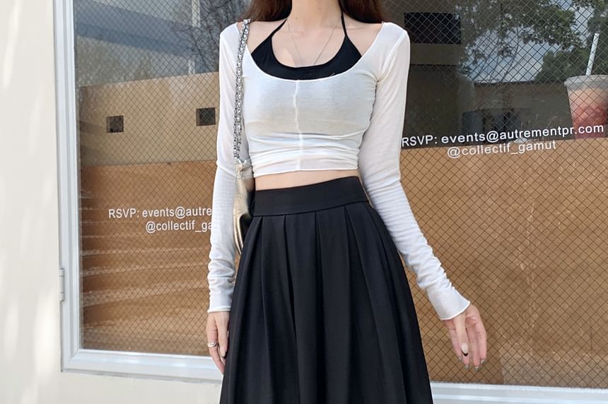 Pleated High Maxi Plain A-Line Skirt Inverted Rise