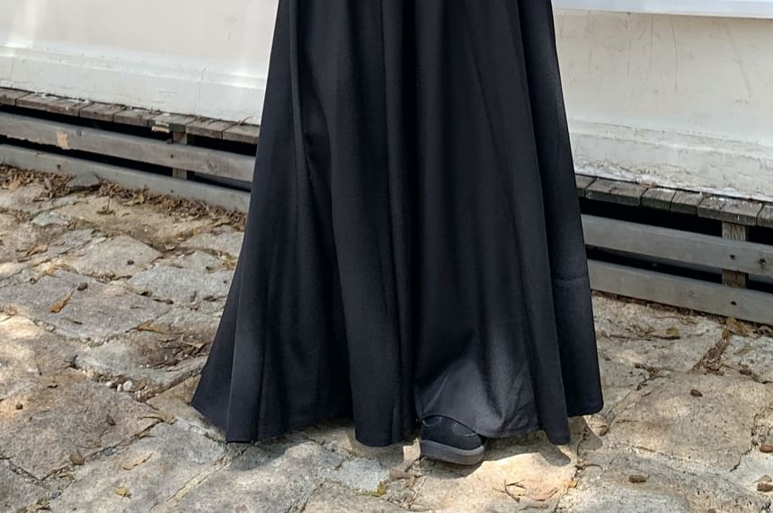 Pleated High Maxi Plain A-Line Skirt Inverted Rise