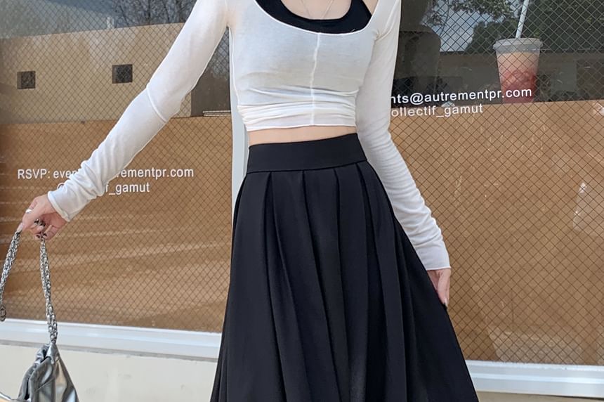 Pleated High Maxi Plain A-Line Skirt Inverted Rise