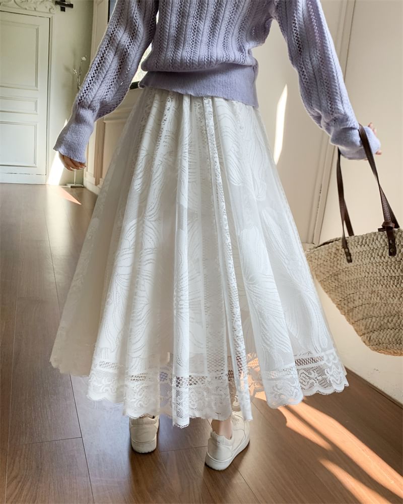 Floral Lace High A-Line Trim Waist Maxi Skirt