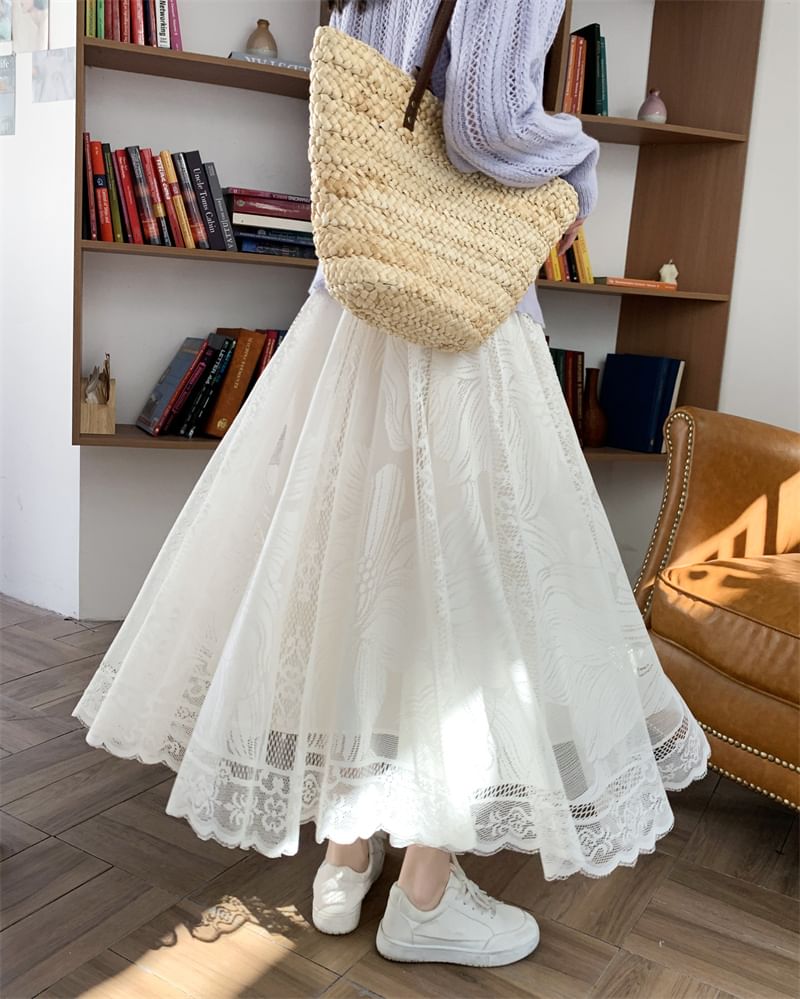 Floral Lace High A-Line Trim Waist Maxi Skirt