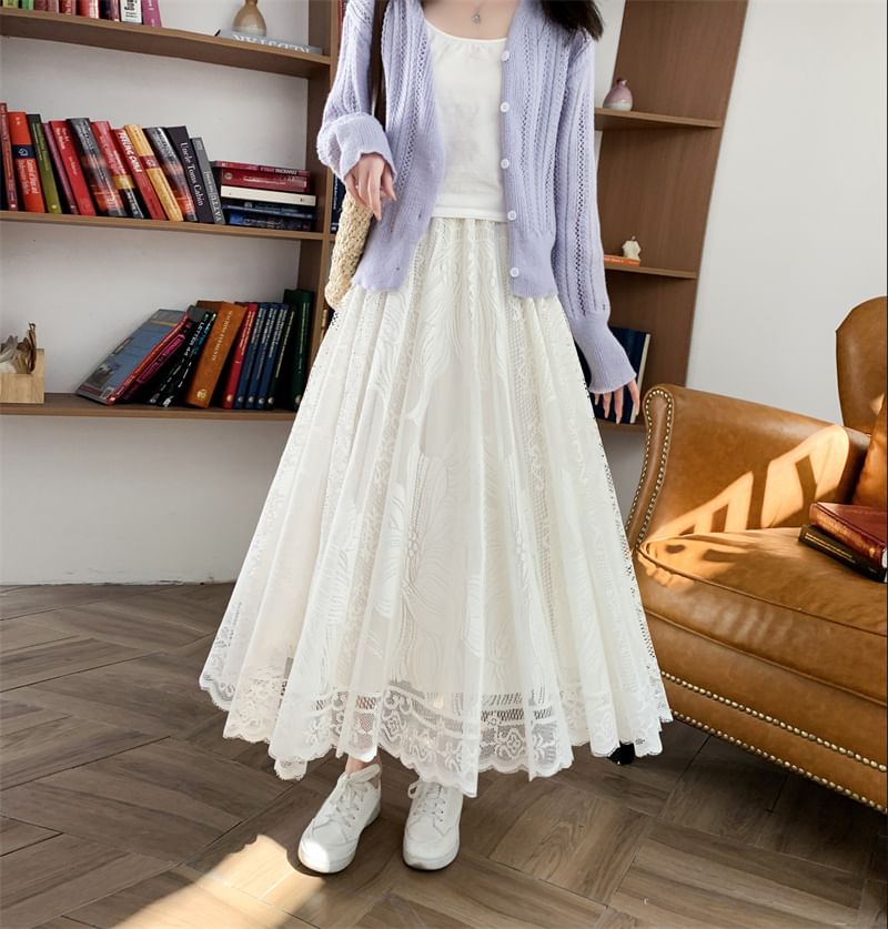 Floral Lace High A-Line Trim Waist Maxi Skirt