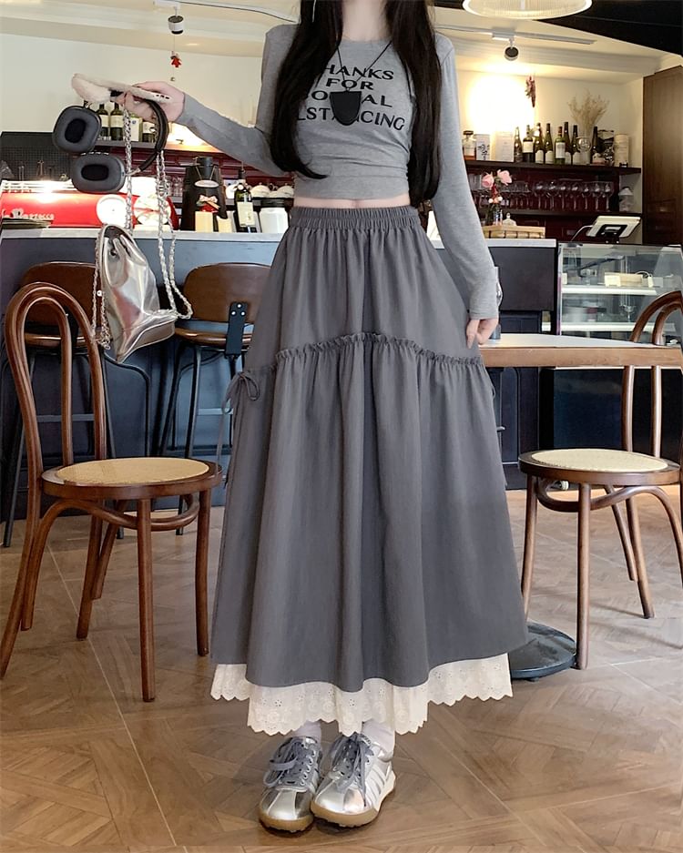 Plain Maxi Rise Skirt High Lace A-Line Trim