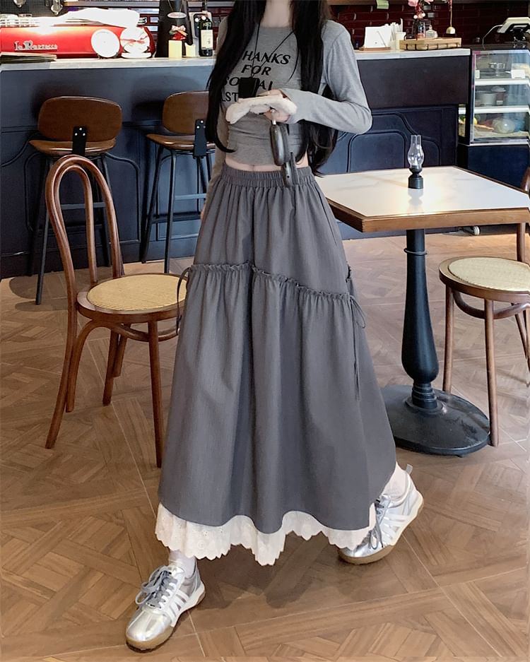 Plain Maxi Rise Skirt High Lace A-Line Trim