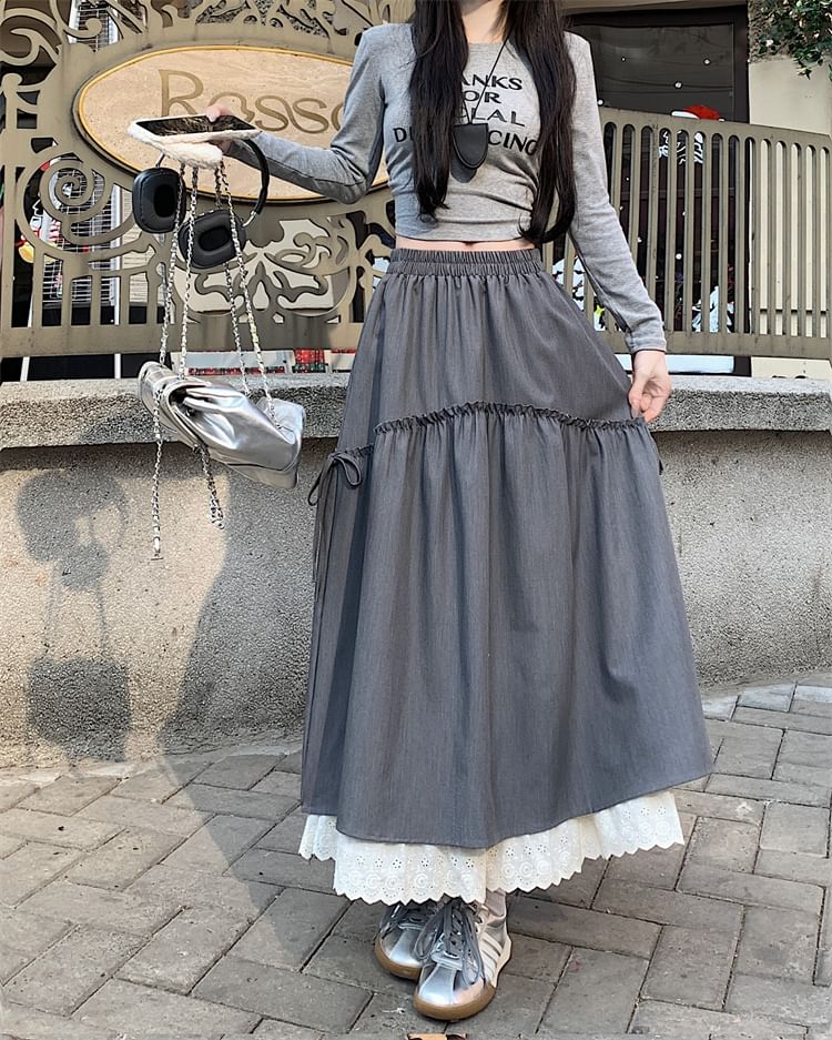 Plain Maxi Rise Skirt High Lace A-Line Trim