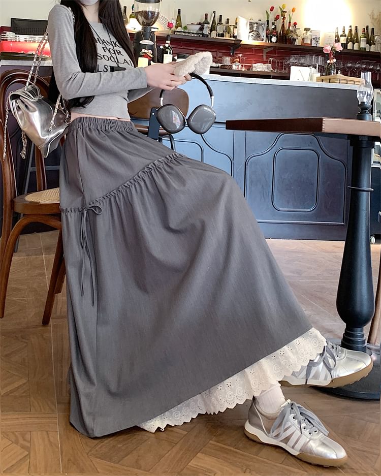 Plain Maxi Rise Skirt High Lace A-Line Trim