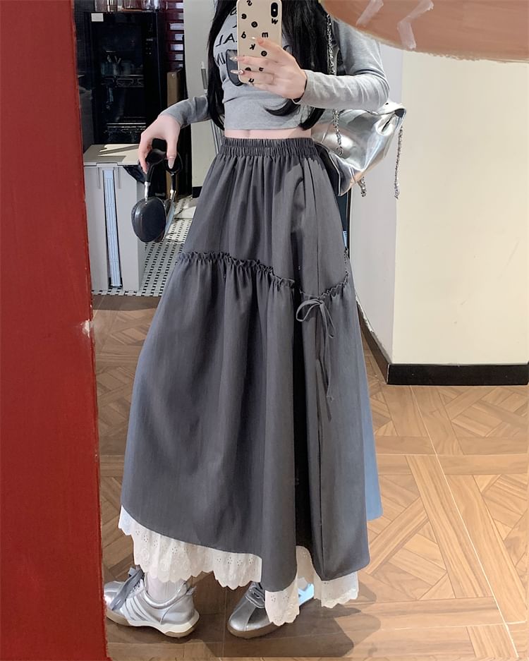 Plain Maxi Rise Skirt High Lace A-Line Trim