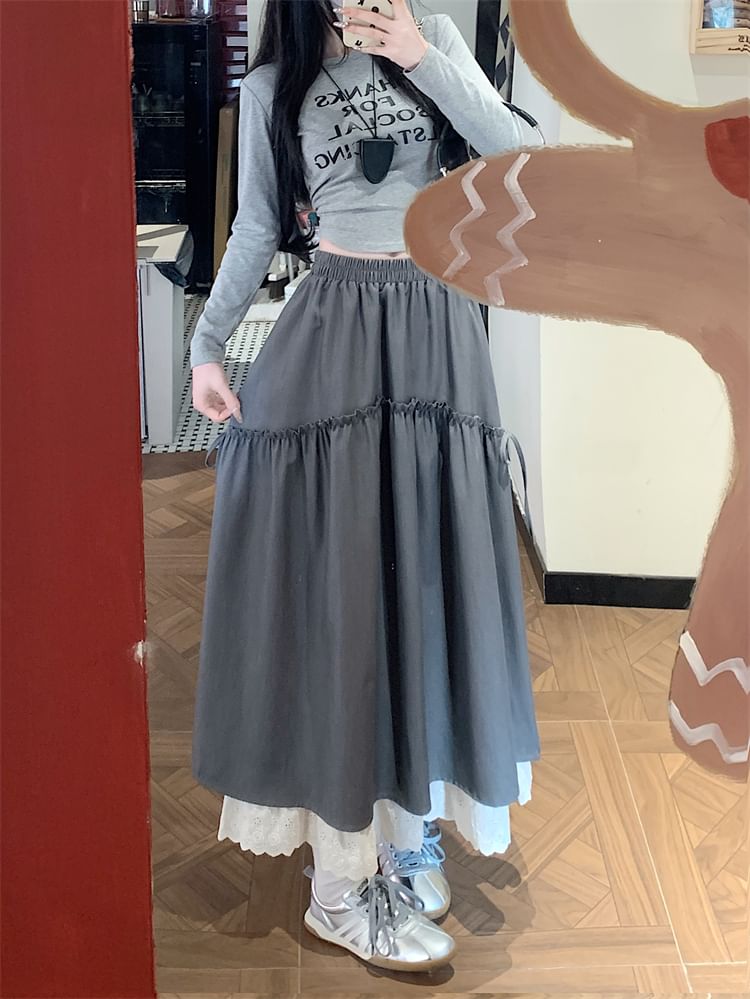 Plain Maxi Rise Skirt High Lace A-Line Trim