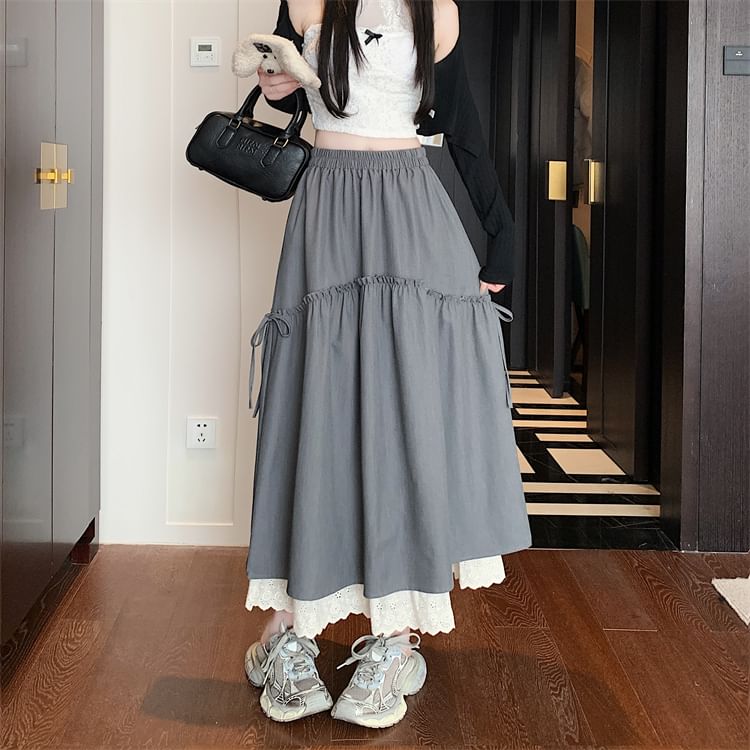 Plain Maxi Rise Skirt High Lace A-Line Trim