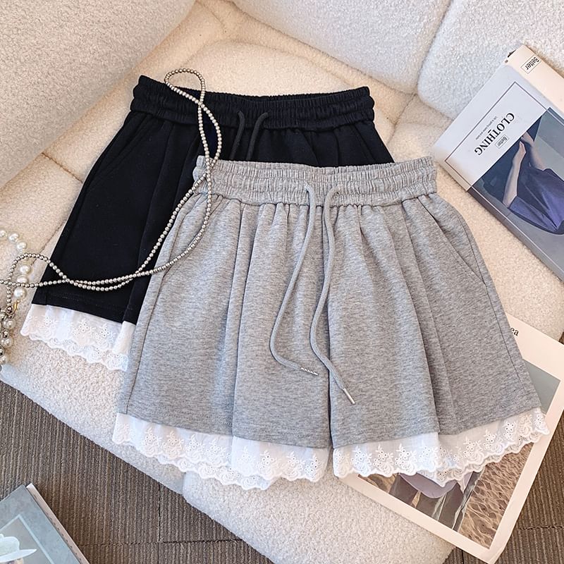 Plain Lace Waist A-Line Mini Drawstring Skirt Trim