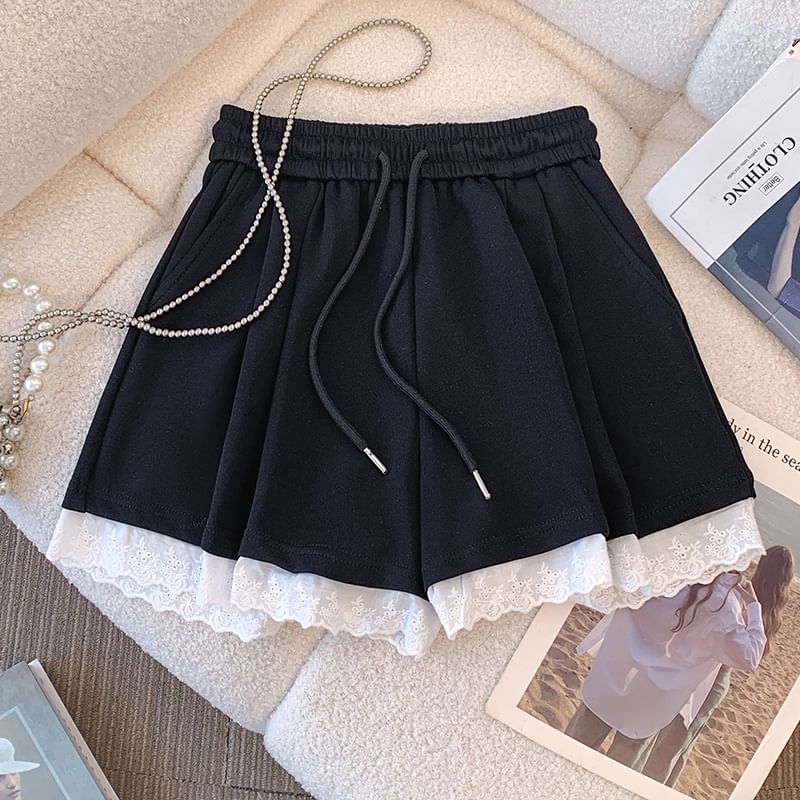 Plain Lace Waist A-Line Mini Drawstring Skirt Trim