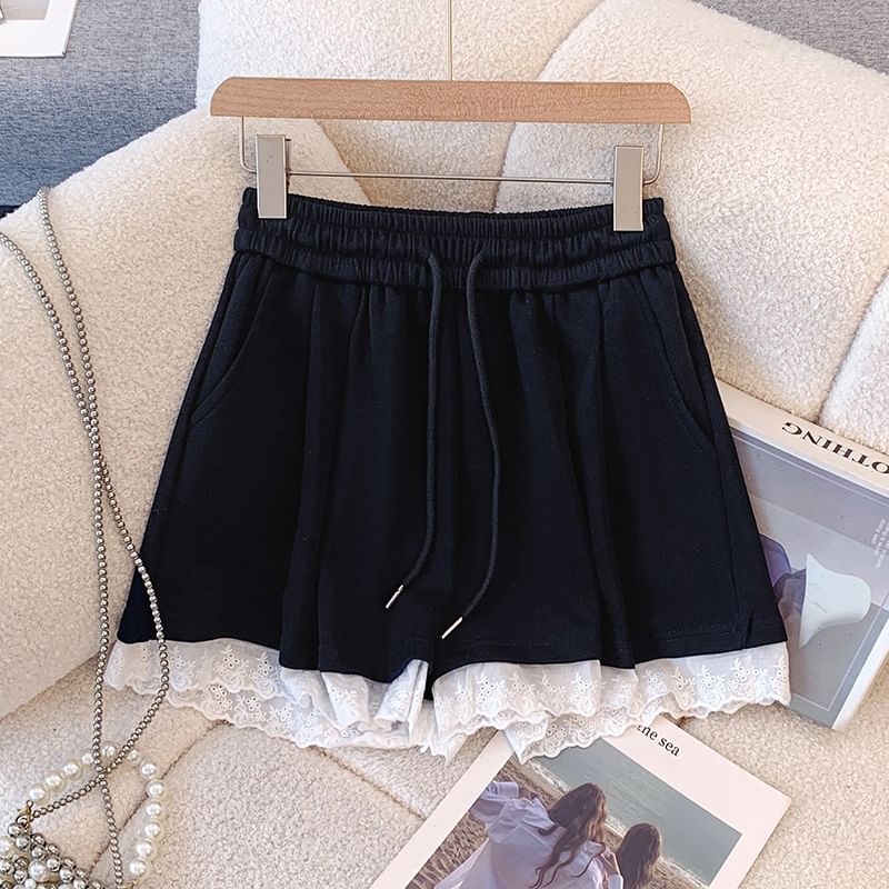 Plain Lace Waist A-Line Mini Drawstring Skirt Trim