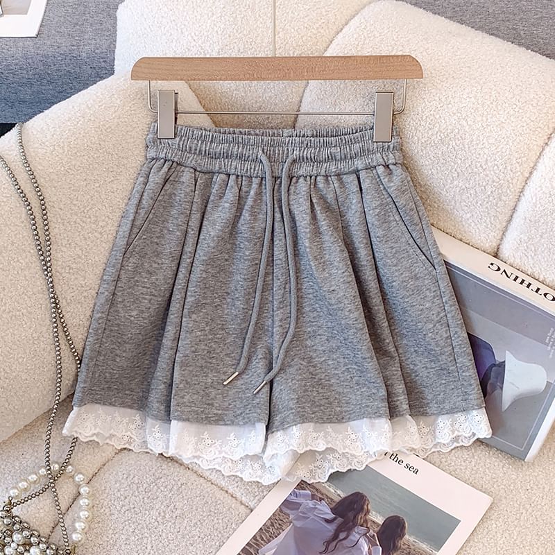 Plain Lace Waist A-Line Mini Drawstring Skirt Trim