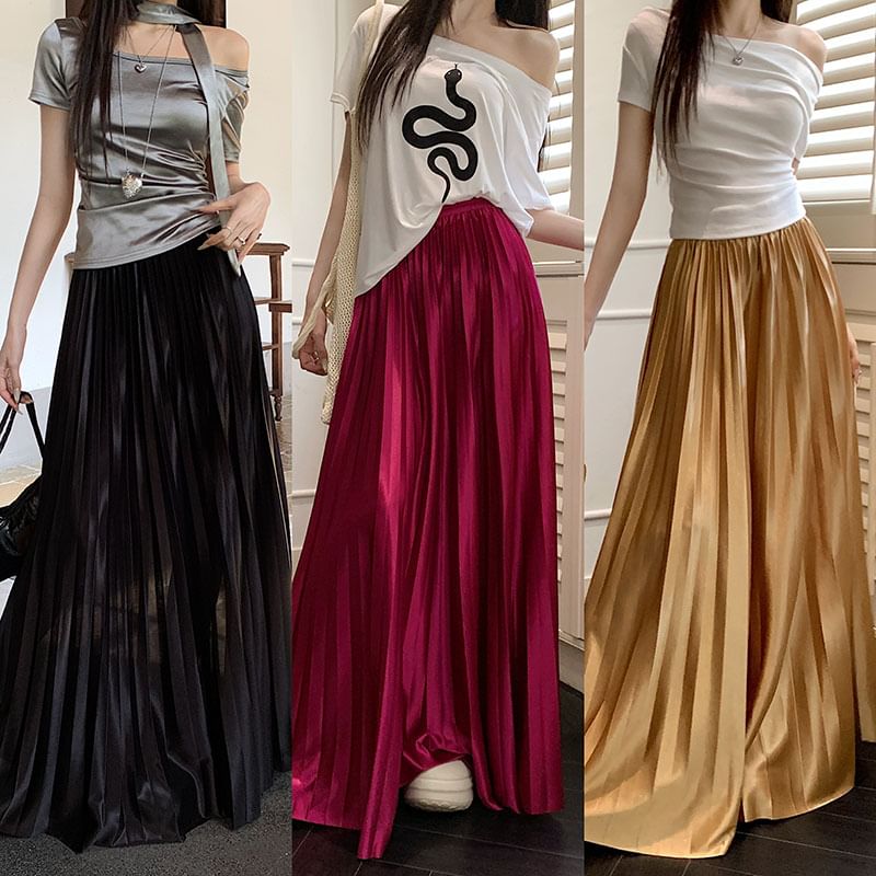 Waist Pleated Maxi A-Line Plain High Skirt Accordion