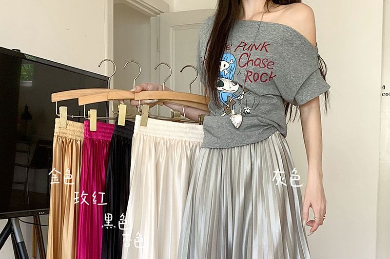 Waist Pleated Maxi A-Line Plain High Skirt Accordion