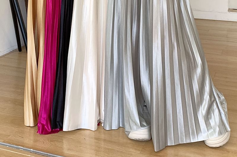 Waist Pleated Maxi A-Line Plain High Skirt Accordion